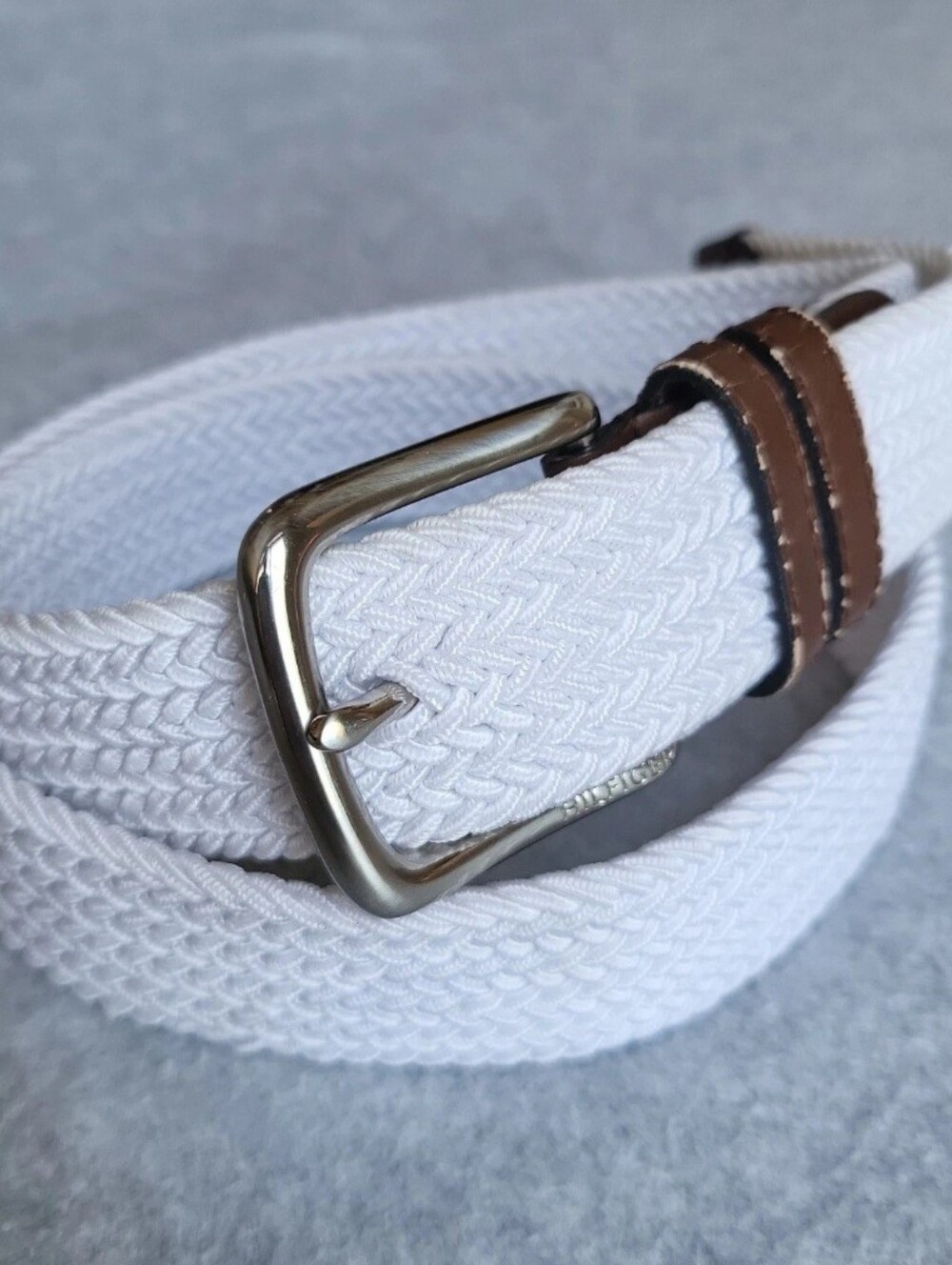 Tommy Hilfiger Belt Mens Small 32-34 White Elastic Canvas Bonded Leather Stretch
